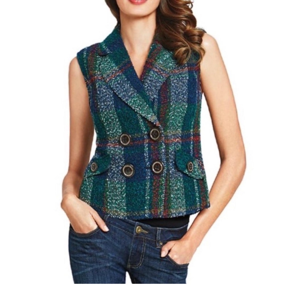 CAbi 908 Tweed Wool Plaid Double Breasted Vest XS